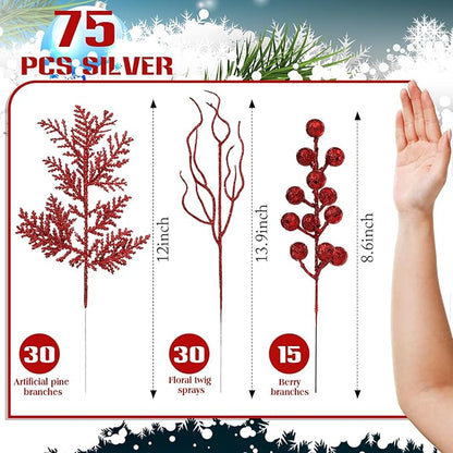 75 Pcs Christmas Glitter Branches 3 Styles Artificial Christmas Picks Berries Stems Pine Needles Floral Twig Spray for Xmas Tree Ornaments DIY Wreath Garland(Red)