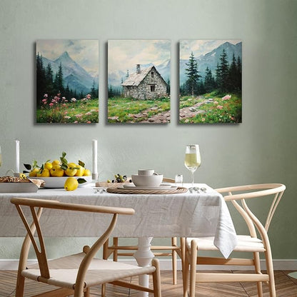 SERIMINO Nature Landscape Canvas Wall Art for Living Room, Forest Mountain Canvas Prints Paintings Room Decor, Cottage Meadow Wildflower Modern Farmhouse Wall Decor Set of 3, 12"X16"