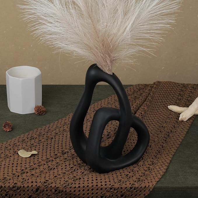 Unique Black Ceramic Vases for Home Decor, 9.1" H Boho Nordic Aesthetic Modern Style, Decorative Vases for Home Decor Living Room