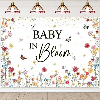 Avezano Wildflower Baby in Bloom Backdrop Banner Wildflower Baby Shower Party Decorations for Girls Gold Glitter Butterfly Spring Floral Newborn Party Supplies (7x5ft)
