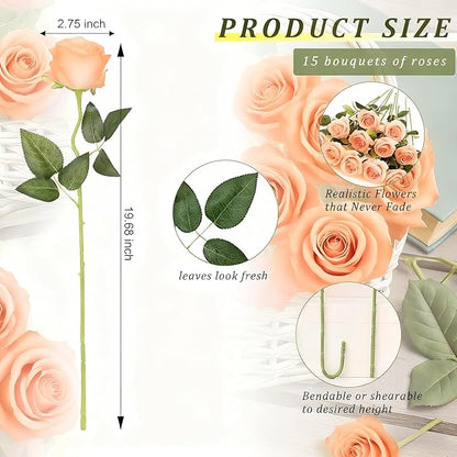Tangerine Pink Roses Artificial Flowers 15 PCS, Fake Roses Silk Flowers with Long Stems, Faux Rose for Wedding Centerpieces, Home Decor, Party Decor, DIY Bouquet (Tangerine Pink)