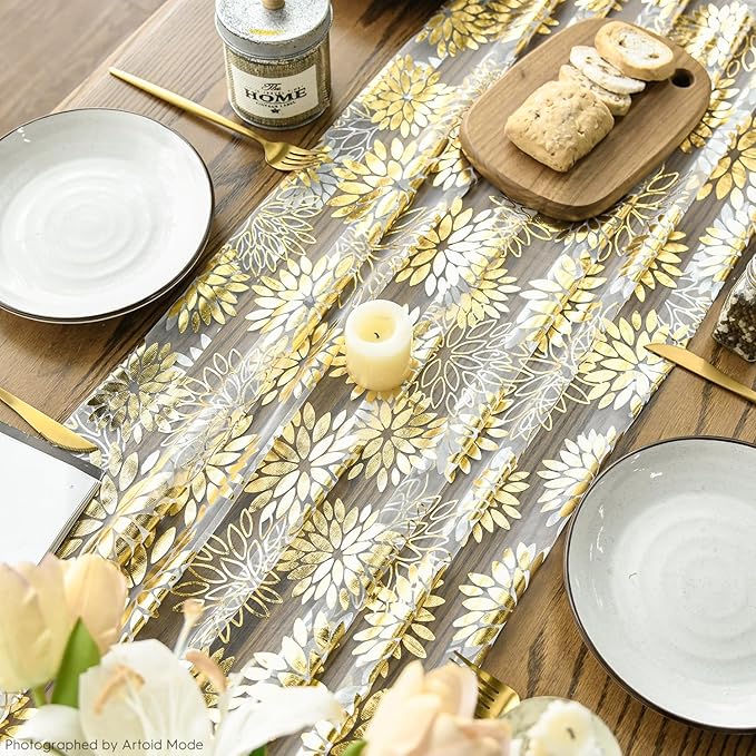 Artoid Mode Beige Gold Dahlia Flower Gauze Table Runner 120 Inch 10FT, Glitter Metallic Foil Seasonal Sheer Dining Holiday Table Decor for Home Party