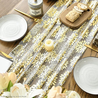 Artoid Mode 3PCS Beige Gold Dahlia Flower Gauze Table Runner 120 Inch 10FT, Glitter Metallic Foil Seasonal Sheer Dining Holiday Table Decor for Home Party