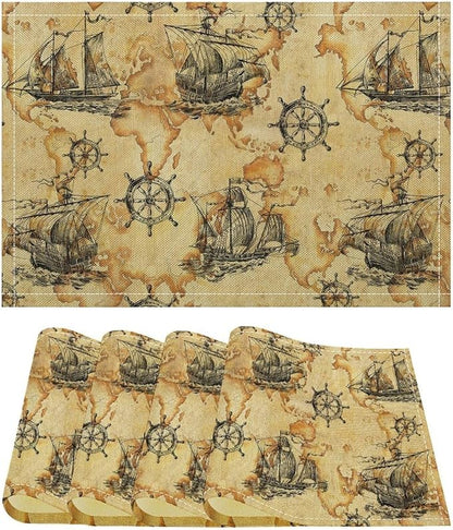 Nautical Themed Placemats Beach Vintage Map Boat Art Printed Dining Table Mats Set of 4 for Restaurant Home Kitchen Holiday Picnic Party Decor 12x18in