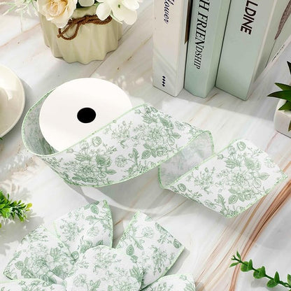 Floral Wired Edge Ribbon Roll Green Flower Ribbon Chinoiserie Fabric Ribbon for Wreath Bow Making DIY Crafts Gift Wrapping, 12 Yard