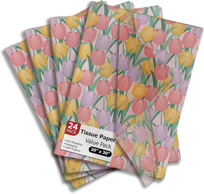 Pro Supply Global Tulips Printed Tissue Paper for Gift Bags or Boxes and Wrapping - Spring Floral Bulk Decorative Art Tissue Paper for Packaging and Gifting | 24 Sheets 20" x 30"