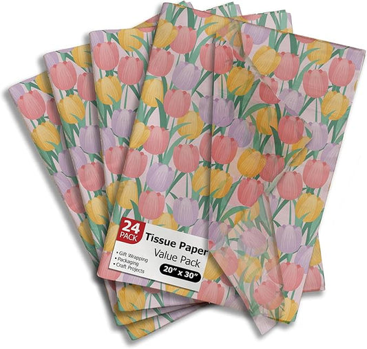Pro Supply Global Tulips Printed Tissue Paper for Gift Bags or Boxes and Wrapping - Spring Floral Bulk Decorative Art Tissue Paper for Packaging and Gifting | 24 Sheets 20" x 30"