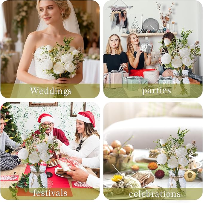 Artificial Flowers Combo White Flowers Mix Silk Flowers Rose, fake flowers for DIY Wedding Bridal Bouquets, Floral Arrangement, Table Centerpieces. Fake Plastic Flowers Bulk Vase Decoration