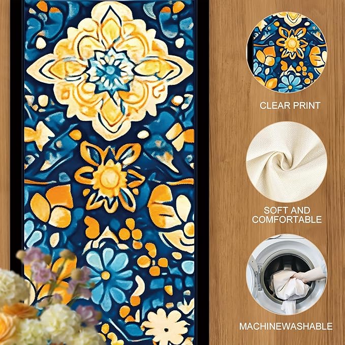 Bohemian Blue & Orange Floral Table Runner – 13x72 Inch Vintage Patterned Linen-Look Fabric, Rustic Dining Table Decor, Boho Chic Home Accent for Kitchen & Parties