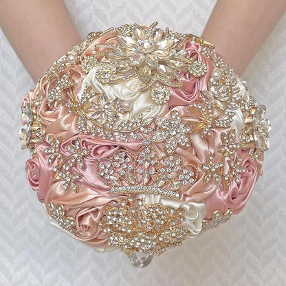 Handmade Satin Rose Floral Bling Pearl Decor Bridal Wedding Bouquet Rhinestone Pendant Artificial Brooch Flowers for Bride Bridesmaid Quinceanera