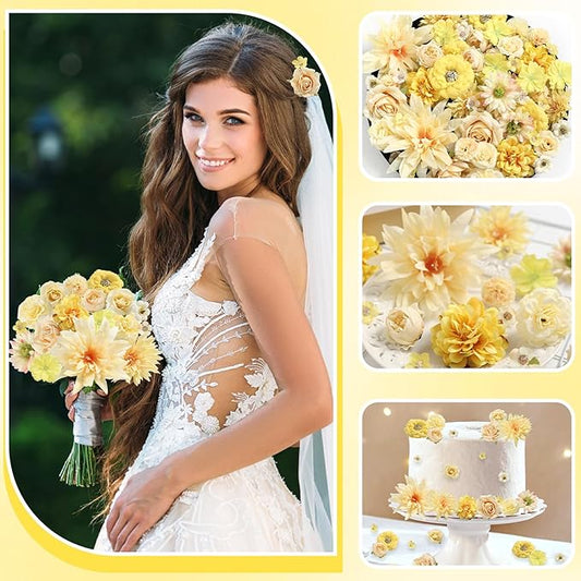 Fake Flowers Heads Bulk Yellow Mini Artificial Silk Flower for Crafts, Small Artificial Daisy Roses Faux Flowers for Graduation Cap DIY Cake Wedding Party Home Garland Decoration