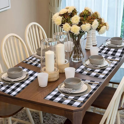 Aneco 6 Pack Buffalo Plaid Placemats Place Mats PVC Plastic Check Black and White Placemat Table Mats 12 x 18 Inches Decorative Kitchen Table Placemats, Black and White