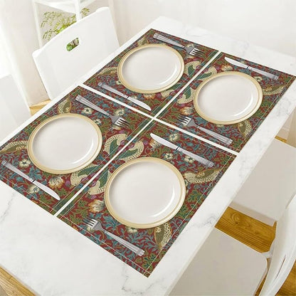 William Morris Floral Placemats Set of 6, Vintage Flower Strawberry Birds Red Place Mats, Heat Resistant Non Slip Cotton Linen Dining Table Mats for Home Kitchen Party 18x12 Inch