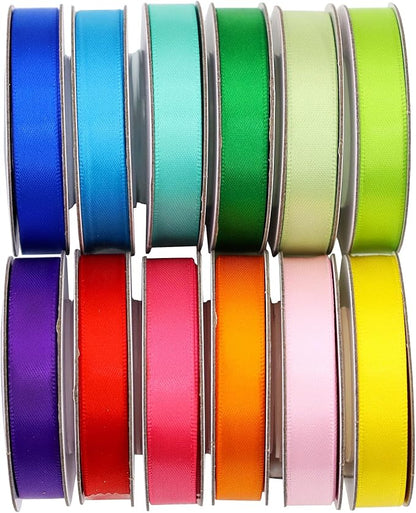 Rainbow Ribbon 12 Color Double Face Solid Color Satin Ribbon for Gift Wrapping, Flower Bouquet, Wedding Birthday Pride Party Decoration, DIY Crafts, 3/8" X 5 Yard Each Total 60 Yds Per Package