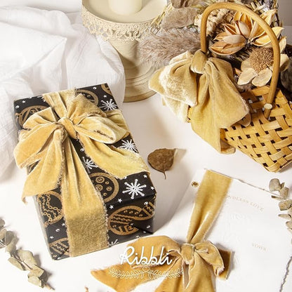 Ribbli Champagne Gold Velvet Ribbon 3 Inch Handmade Frayed Vintage Christmas Ribbon for Gift Wrapping Christmas Tree Ornament Wreath Craft Home Decor -3 Yards