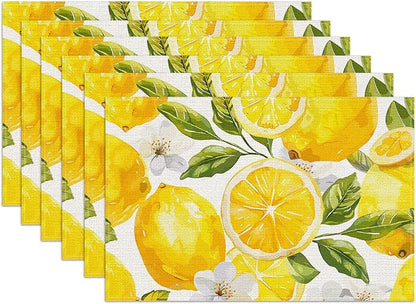 Watercolor Lemon White Flower Placemats Set of 6, Linen Place Mat Washable Stain Resistant Table Mats for Farmhouse Kitchen Dining Party Wedding Decor 12x18 Inch