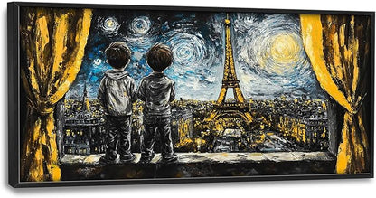 Graffiti Banksy Large Wall Art Inspirational Eiffel Tower Pictures Wall Decor Above Over Bed Canvas Prints Painting Framed Artwork Decoration For Bedroom Living Room 60"x30"
