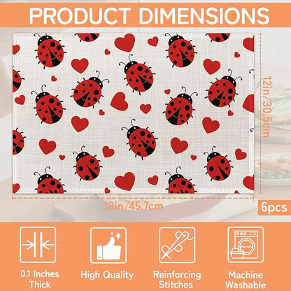 Ladybug Placemats Set of 6,Red Heart Dinner Table Mats Non-Slip Washable Mats for Kitchen Dinner Party Tablemat 12x18Inch