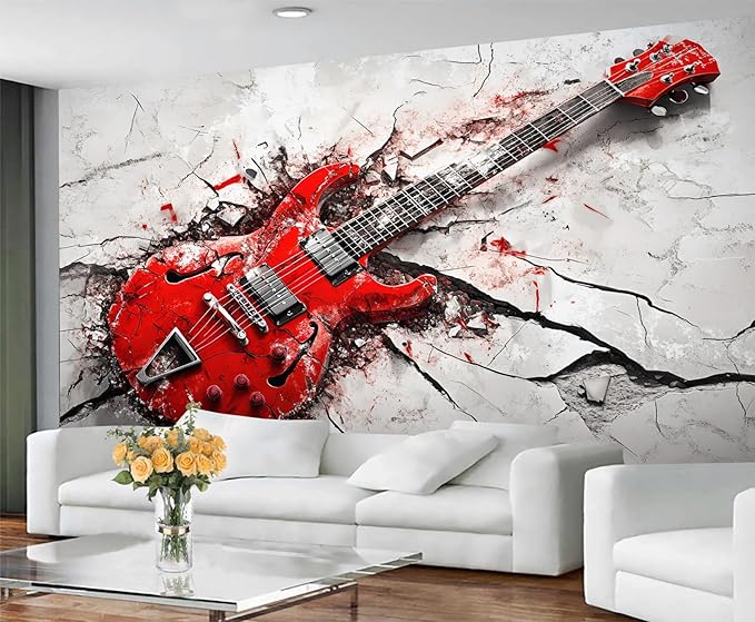 Red Electric Guitar Wall Mural, Grunge Style Guitar 3D Wall Murals, Rock Music 3D Explosion Wallpaper Mural, for Living Room Bedroom Large Wallpaper Indoor Decor 118" W x 82.6 "H