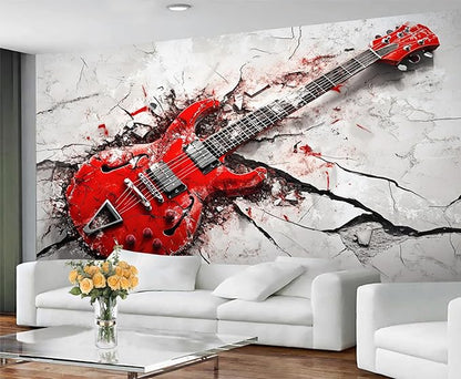 KIREUPA Red Electric Guitar Wall Mural, Grunge Style Guitar 3d Wall Murals, Rock Music 3D Explosion Wallpaper Mural, for Living Room Bedroom Large Wallpaper Indoor Decor 59" W x39.4 H