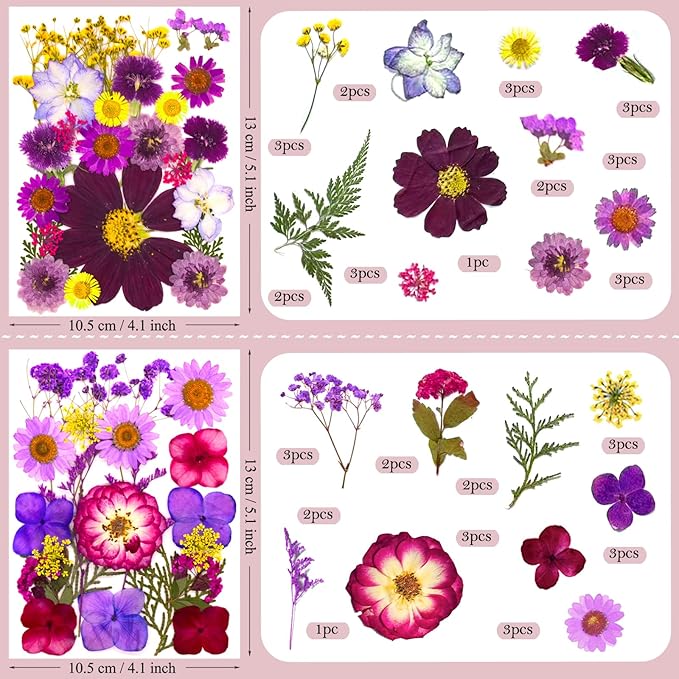 95 Pcs Purple Pressed Dried Flowers for Resin, Real Natural Bulk Dry Wildflowers Leaves Perfect for Epoxy Molds, DIY Crafts, Home Decor, Soap Candles Jewelry Making