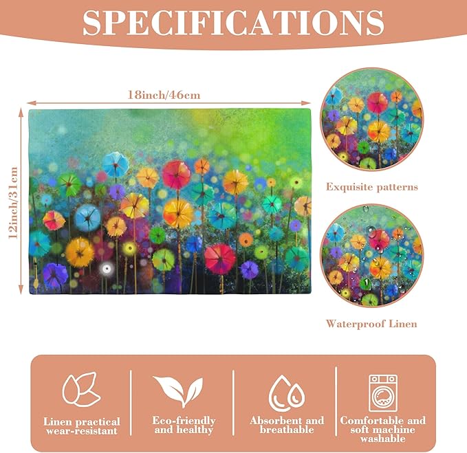 Placemats Set of 4 Watercolor Floral Place Mats Washable Table Dinner Mats Linen Table Mats for Kitchen Dining Party Home Kitchen Decor 12x18 Inch