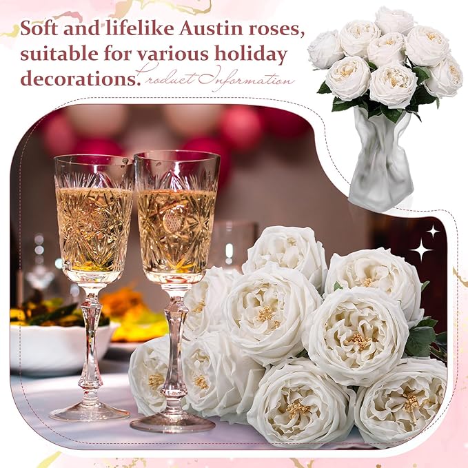 10pcs Real Touch Peonies Artificial Flowers, Faux Austin Rose with Long Stem Look Real Fake Flower for Christmas Valentines Arrangement Wedding Party Home Kitchen Decor(White)