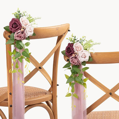 DORIS HOME Wedding Aisle Decorations Mauve Pew Flowers Set of 10 for Wedding Ceremony Party Chair Decor with Artificial Flowers Eucalyptus and Ribbons