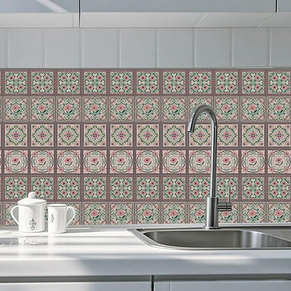 CHGCRAFT 36 Pcs 4 Style Wall Stickers Pink Flower Pattern Peel and Stick Wall Tile Sticker Vintage Flower Waterproof Self Adhesive Stick on Tile Decals for Kitchen Bathroom Art Decor, 4×4 Inch