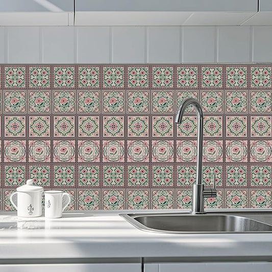 CHGCRAFT 36 Pcs 4 Style Wall Stickers Pink Flower Pattern Peel and Stick Wall Tile Sticker Vintage Flower Waterproof Self Adhesive Stick on Tile Decals for Kitchen Bathroom Art Decor, 4×4 Inch
