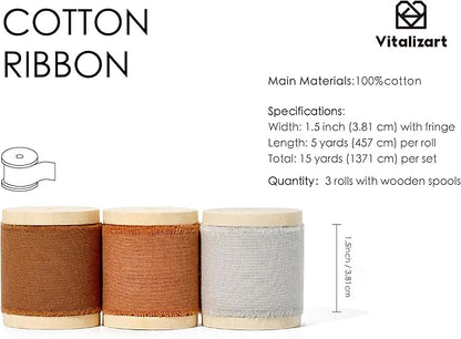 Vitalizart Fall Ribbon 1-1/2" x 15 Yd 100% Cotton Handmade Frayed Fringe Fabric Ribbons for Gift Wrapping Wedding Invites Bridal Shower Bouquets Christmas Decorations