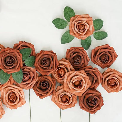 Artificial Flowers, 25pcs Artificial Rose for DIY Wedding Bouquets Centerpieces Arrangements,Teal Green Terracotta Brown Foam Roses with Stem for Party Home Decorations