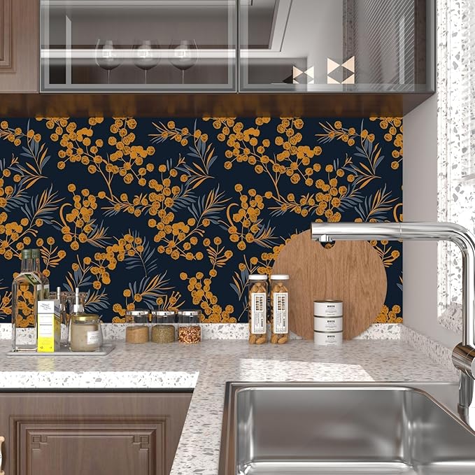 Boho Wallpaper Peel and Stick Leaf Wallpaper for Kitchen Vintage Contact Paper 17.5" x 118" Waterproof Vinyl Self Adhesive Dark Floral Wall Paper for Bedroom Walls Cabinet Locker Decor