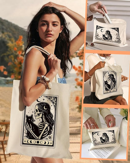 2 Pack Canvas Tote Bag - with Makeup Pouch Aesthetic Cute Women Reusable Canvas Bag for Shopping, Work, Travel