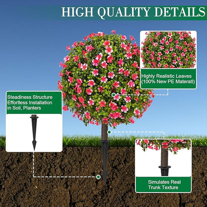 25" Artificial Boxwood Topiary Ball Trees with Rose Pink Flowers, Set of 2 UV Resistant No Fade Outdoor Faux Plants with Ground Spike, Fake Shrubs for Garden, Patio, Porch, Yard, Indoor Decor