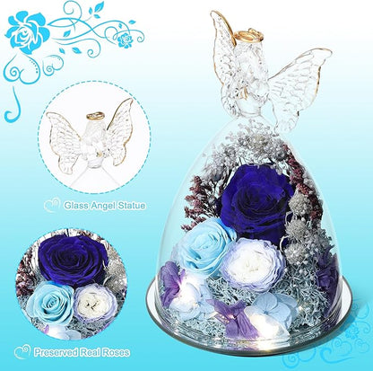 Christmas Rose Gifts for Women Preserved Real Flower in Glass Angel Figurines Roses for Delivery Prime Birthday Gifts for Mom Grandma Girlfriend Wife Her,Blue Austin Roses