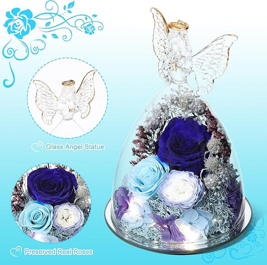 Christmas Rose Gifts for Women Preserved Real Flower in Glass Angel Figurines Roses for Delivery Prime Birthday Gifts for Mom Grandma Girlfriend Wife Her,Blue Austin Roses