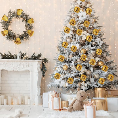 Gold Roses,30PCS Glitter Roses Bouquet Artificial Roses with Stems for Wedding Bouquet Party Christmas Home Decor(Gold)