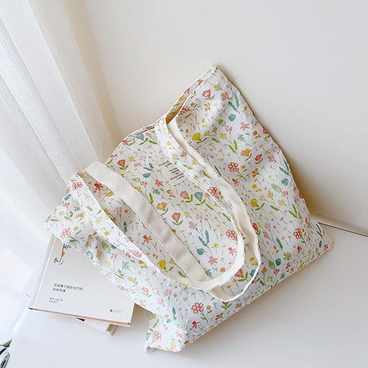 Cotton Canvas Tote Bag Reusable Soft Grocery Cloth Bag Floral Shoulder Bag for Beach Travel Shopping