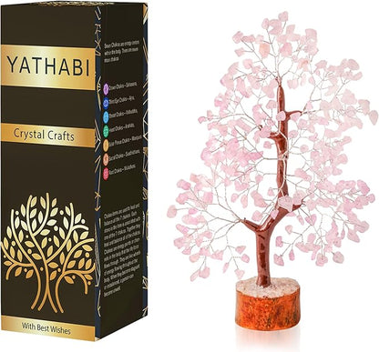YATHABI Rose Quartz Tree - Pink Crystal Desk Decor - Feng Shui Gemstone Bonsai - Spiritual Gift for Positive Energy