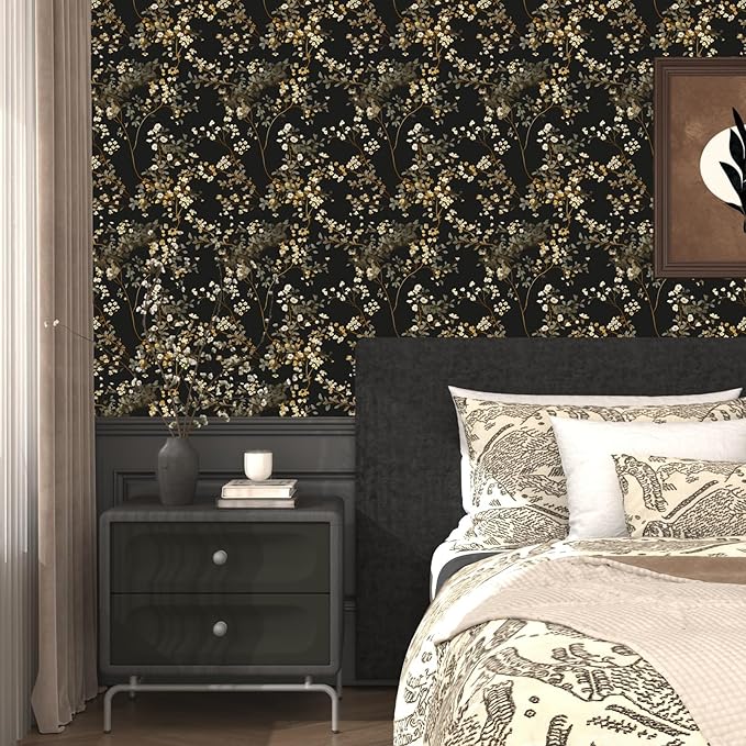 Vintage Black Floral Wallpaper Classic Watercolor Leaves Wall Paper 17.4" x 394" Dark Moody Contact Paper Chinoiserie Self Adhesive Covering for Bedroom Bathroom Cabinet Home Decor Black Grey