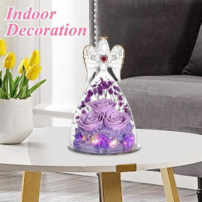 Mothers Day Rose Gifts for Women, Large Angel Figurines with Real Roses, Preserved Real Flower Rose for Her, Light Purple
