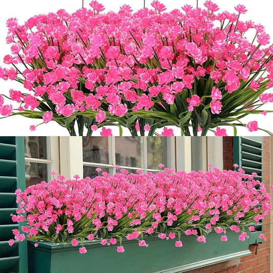 8 Bundles Artificial Flowers, Fake Artificial Greenery UV Resistant No Fade Faux Plastic Plants for Wedding Bridle Bouquet Indoor Outdoor Home Garden Kitchen Office Table Vase (Pink)