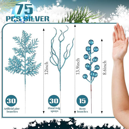 75 Pcs Christmas Glitter Branches 3 Styles Artificial Christmas Picks Berries Stems Pine Needles Floral Twig Spray for Xmas Tree Ornaments DIY Wreath Garland(Light Blue)