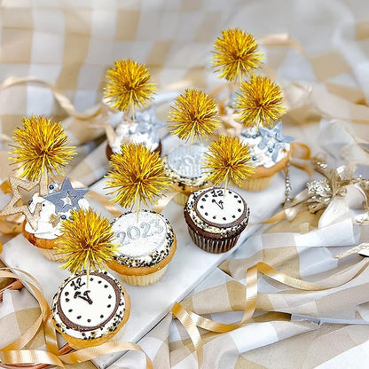 Gyufise 30Pcs Foil Firework Cupcake Toppers Sparkle Tinsel Cake Toppers Tinsel Drink Cake Decoration Cocktail Picks for Birthday Wedding Graduation Party Supplies Dark Gold