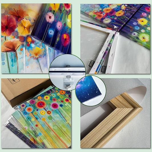 Colorful Flowers Canvas Wall Art, Floral Artwork Painting Prints ModernBathroom Pictures Framed for Living Room Bedroom Office Home Decor - 16"x16"x4 panel