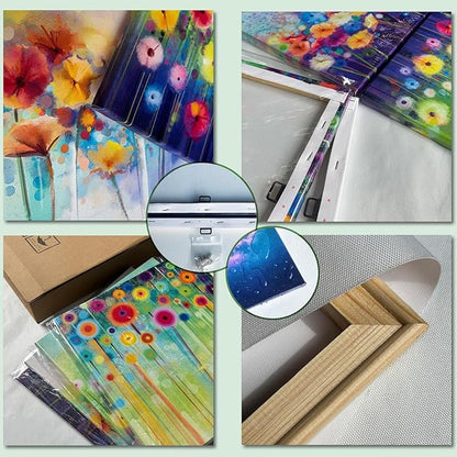 Abstract Floral Canvas Wall Art, Colorful Flowers Artwork Painting Prints Modern Watercolor Pictures Framed for Living Room Bedroom Bathroom Office Home Decor - 20"x20"x4 panel