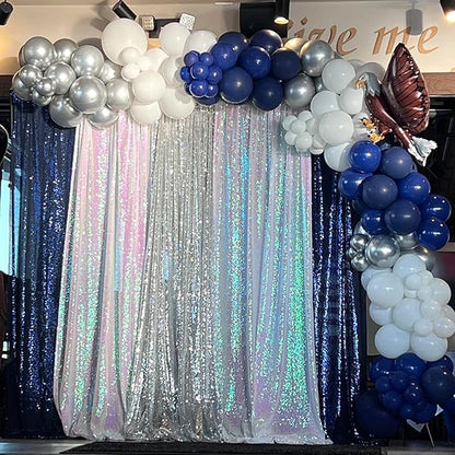 Sequin Backdrop Curtain 4 Panels 2FTx8FT Glitter Background Drapes Silver and Navy Blue Sparkle Photography Backdrop for Party Wedding Birthday Wall Decoration