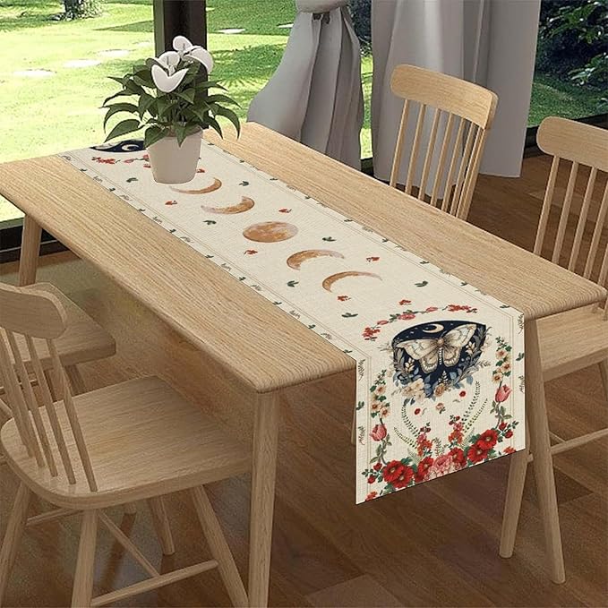 Gothic Moth Table Runner, Boho Floral Gothic Sun Moon Phase Mystical Witchy Starlight Coffee Table Center Decor for Home Kitchen Dining Patio Holiday Party Table Decorations 13x90 inches