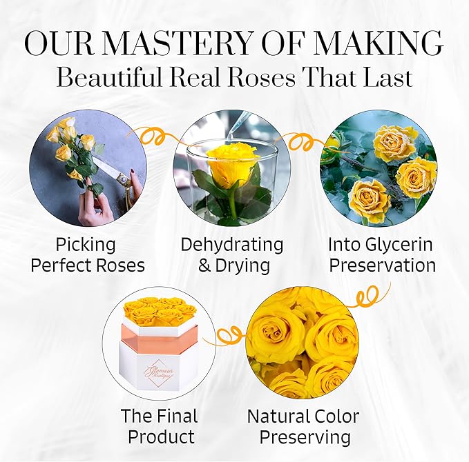 GLAMOUR BOUTIQUE Eternal Preserved Roses in a Box - Flowers Forever, Rose Forever in a Box for Wife, Birthday Gifts for Her, 7 Roses, Yellow